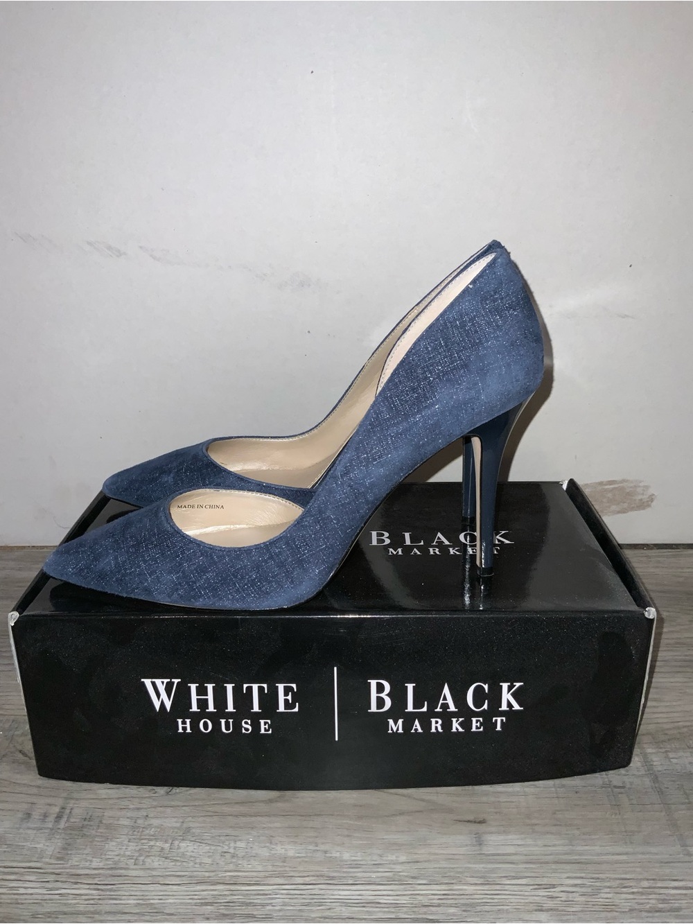White House Black Market Denim-Textured Navy Stilettos